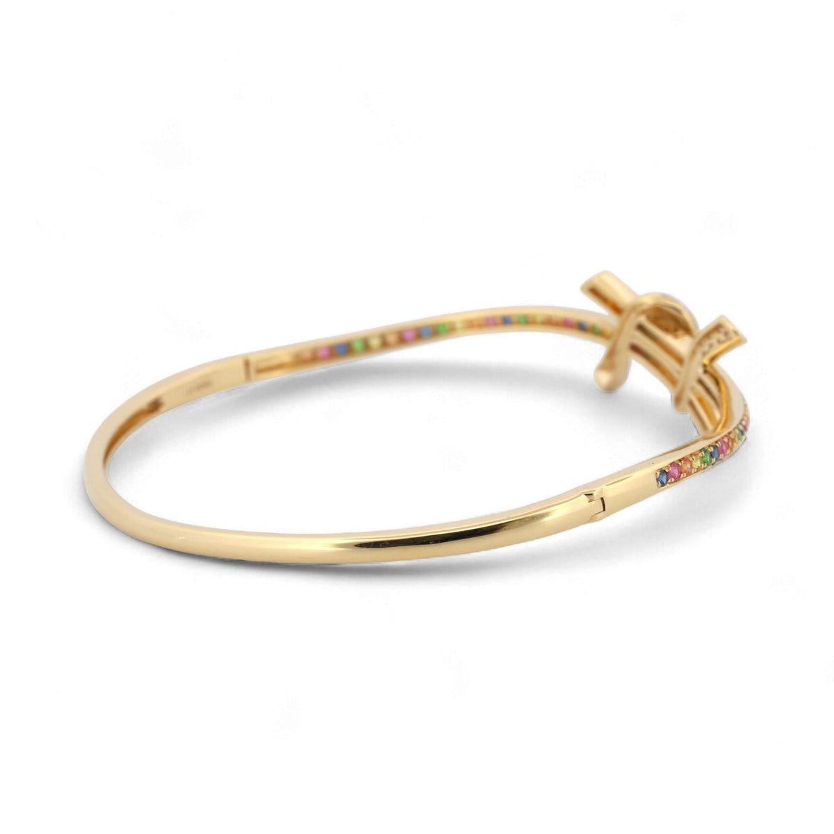 31 Jewels Inc. Effy 14K yellow gold bangle featuring a ribbon twist design with multi-color sapphires and diamonds.