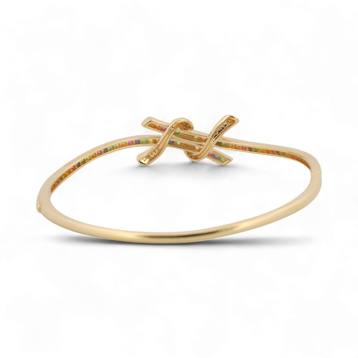 31 Jewels Inc. Effy 14K yellow gold ribbon twist bangle featuring pavé-set multi-color sapphires and diamonds.