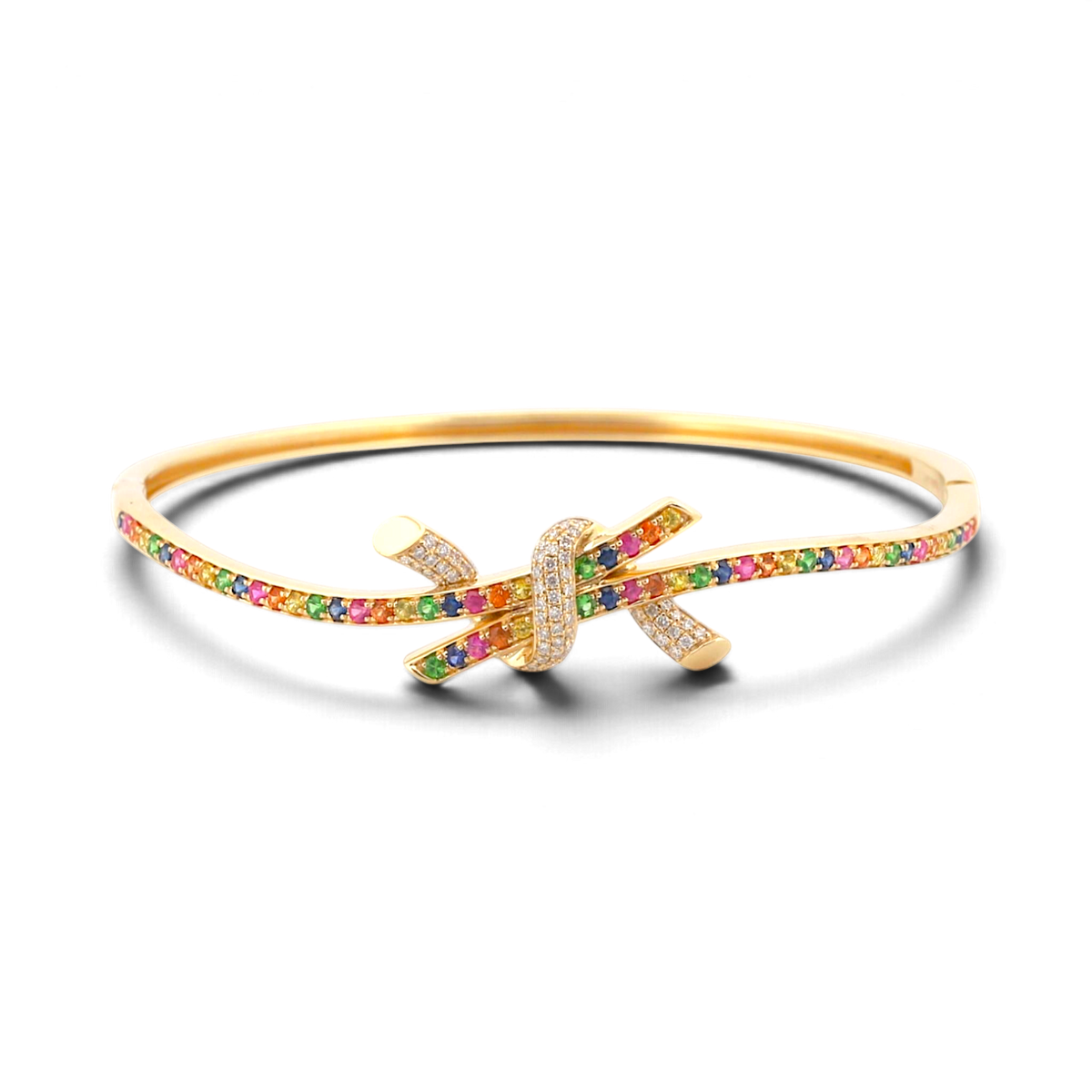 31 Jewels Inc. Effy 14K yellow gold ribbon twist bangle featuring multi-color sapphires and pavé-set diamonds.