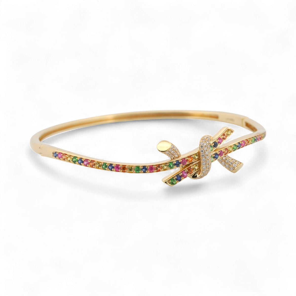 31 Jewels Inc. Effy 14K yellow gold ribbon twist bangle featuring pavé-set multi-color sapphires and diamond accents.