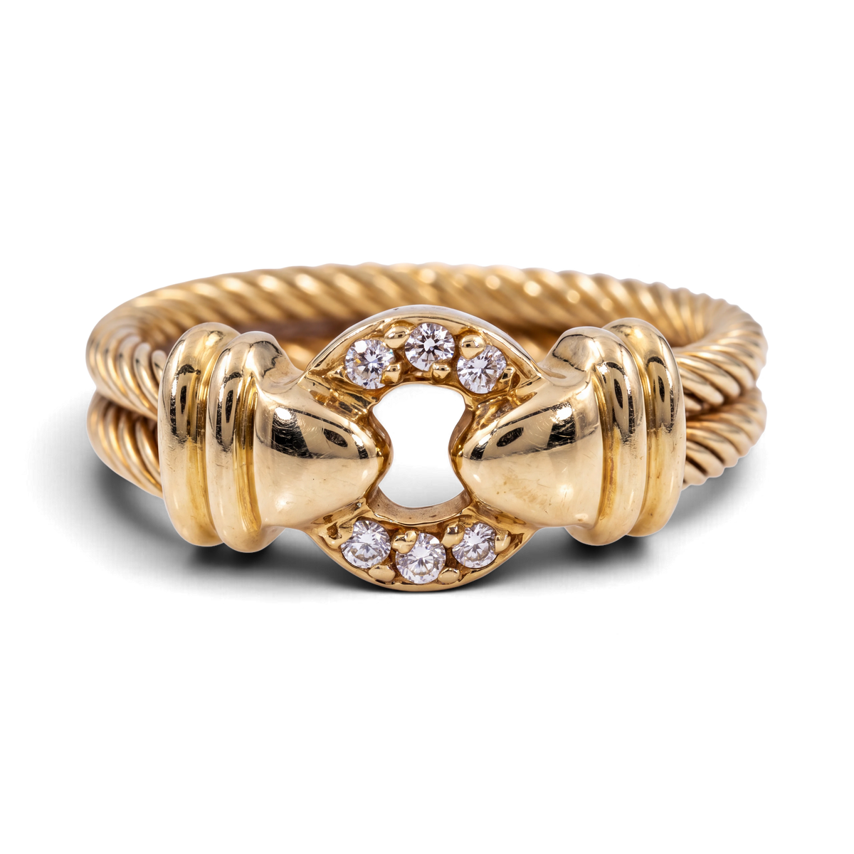 31 Jewels Inc. Philippe Charriol 18k yellow gold cable ring featuring a diamond-accented centerpiece, size 6.