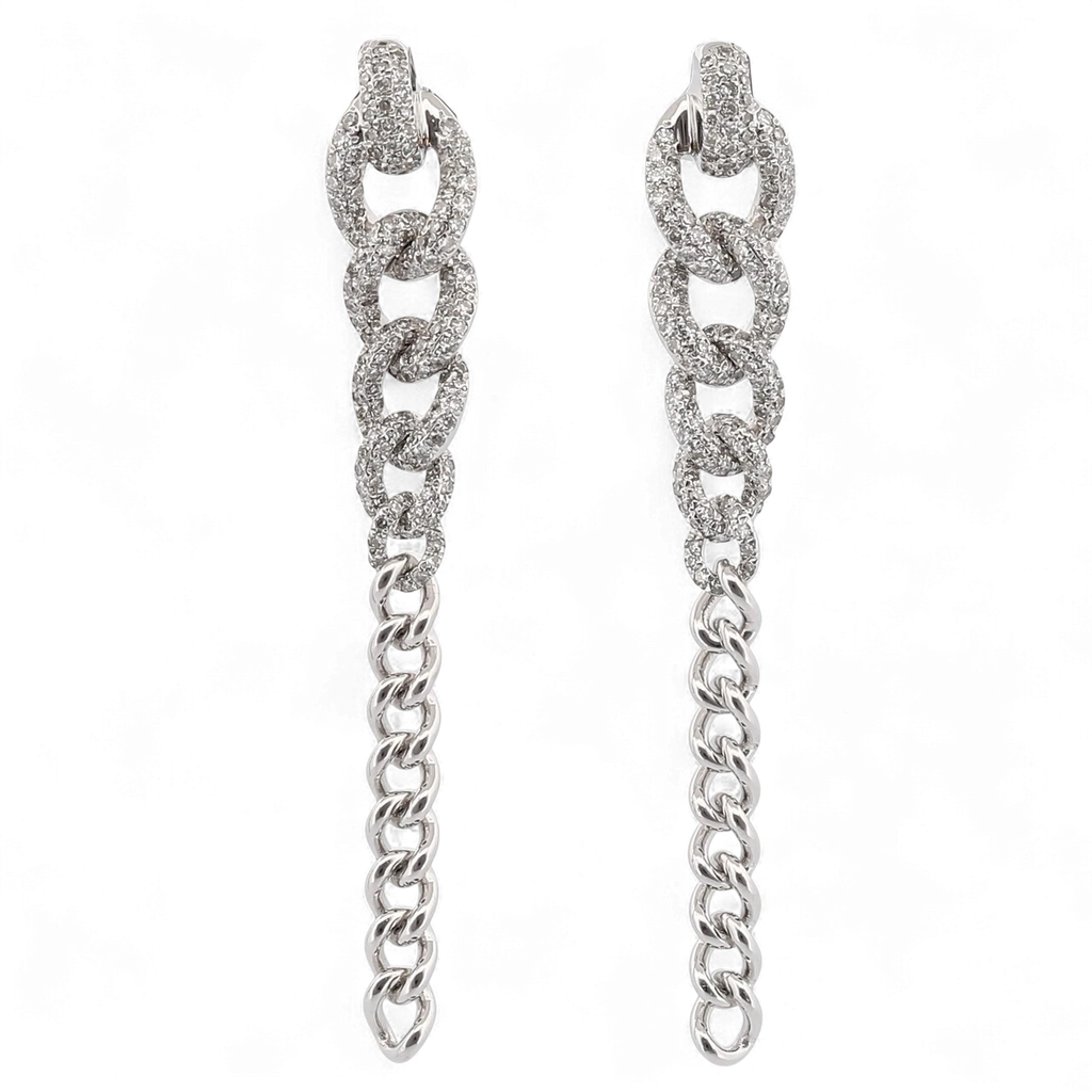 31 Jewels Inc. Shay 18K white gold curb link drop earrings featuring pavé-set diamonds in a versatile 2-in-1 design.