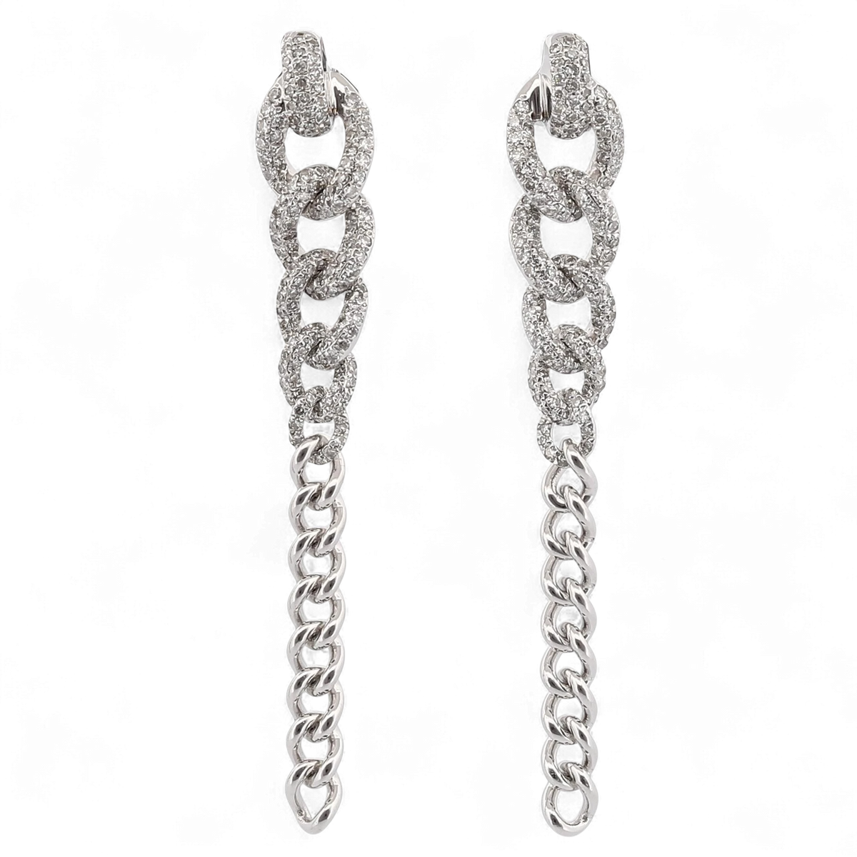 31 Jewels Inc. Shay 18K white gold curb link drop earrings featuring pavé-set diamonds in a versatile 2-in-1 design.