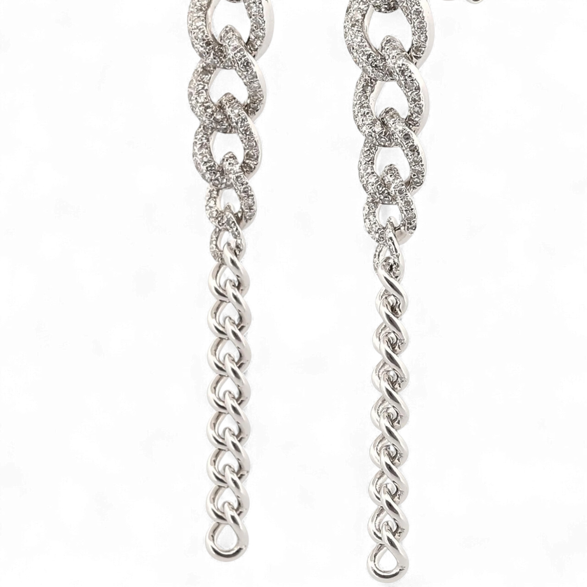 31 Jewels Inc. Shay 18K white gold curb link drop earrings with pavé diamonds in a versatile 2-in-1 design.