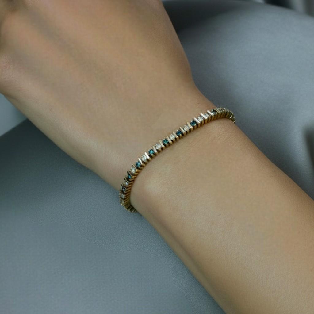 14K Yellow Gold Blue & White Diamond Tennis Bracelet 7.5″ Adjustable