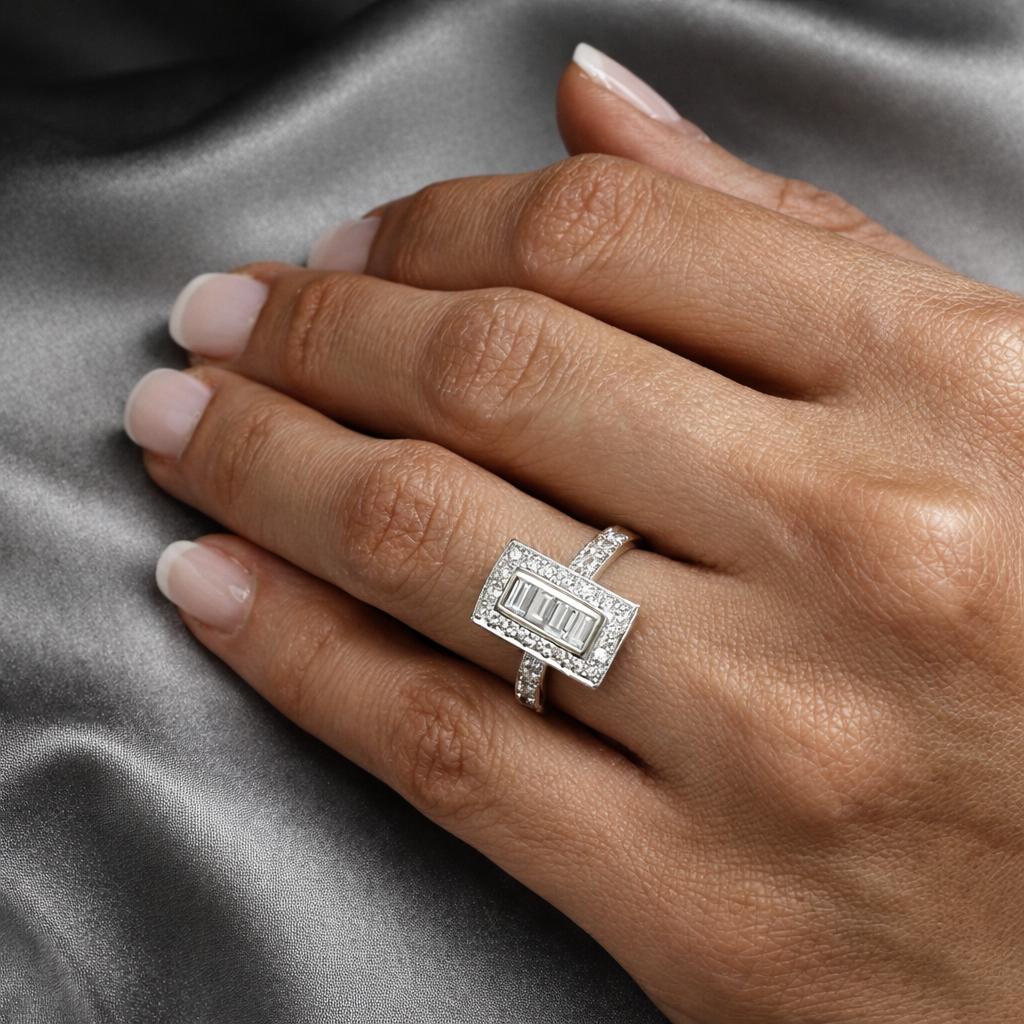 Art Deco 18K White Gold Diamond Ring 0.75ctw Baguette & Round Halo Size 7