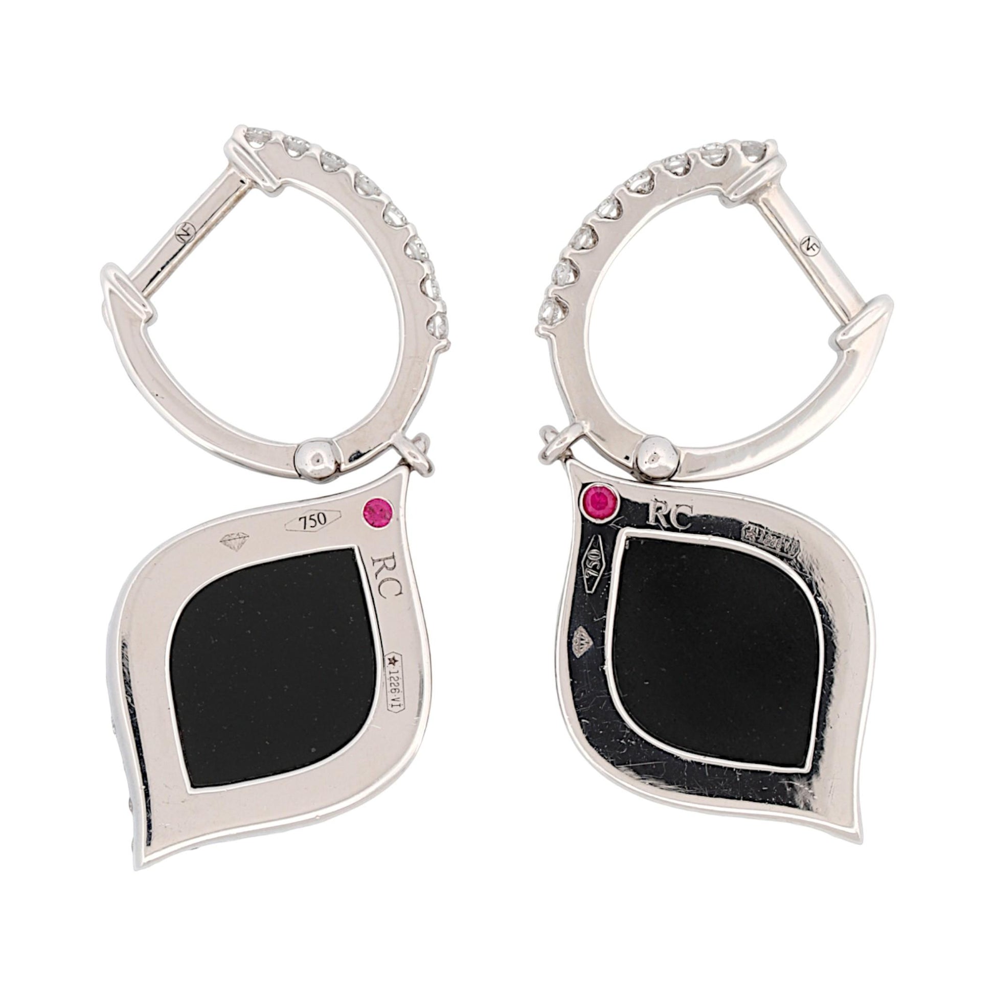 Robert Coin 18K White Gold Black Jade Diamond Drop Earrings Italy