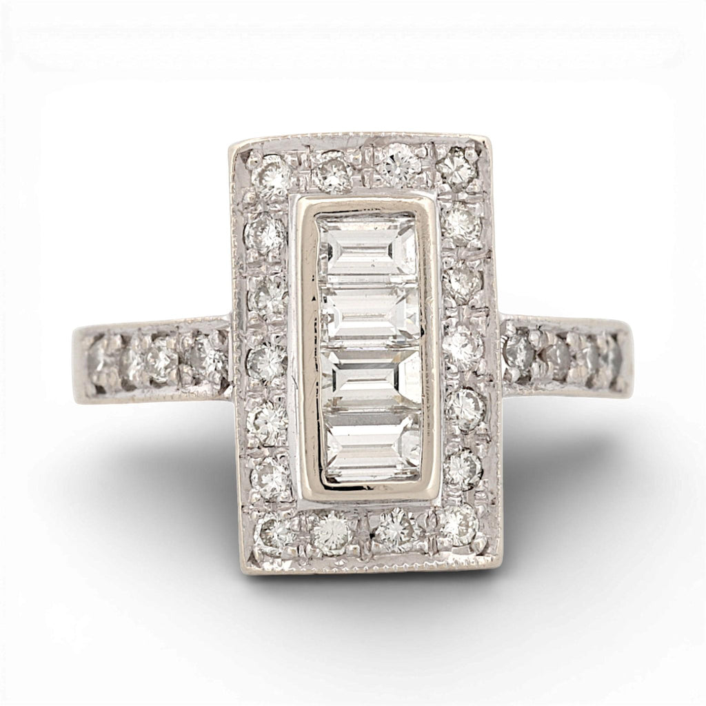 Art Deco 18K White Gold Diamond Ring 0.75ctw Baguette & Round Halo Size 7