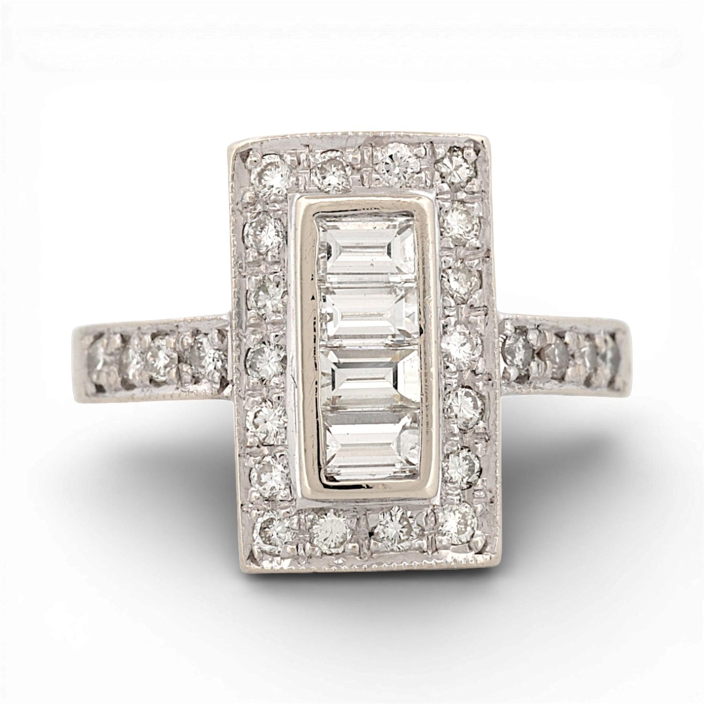 Art Deco 18K White Gold Diamond Ring 0.75ctw Baguette & Round Halo Size 7
