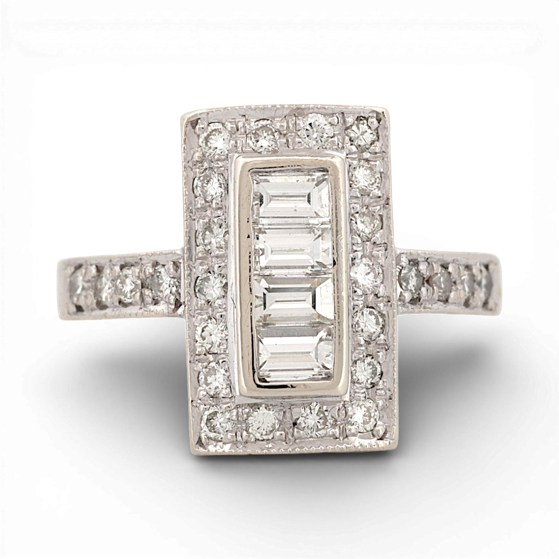 Art Deco 18K White Gold Diamond Ring 0.75ctw Baguette & Round Halo Size 7