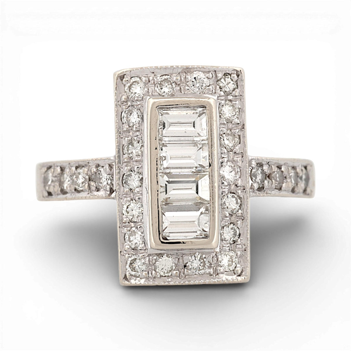 Art Deco 18K White Gold Diamond Ring 0.75ctw Baguette & Round Halo Size 7