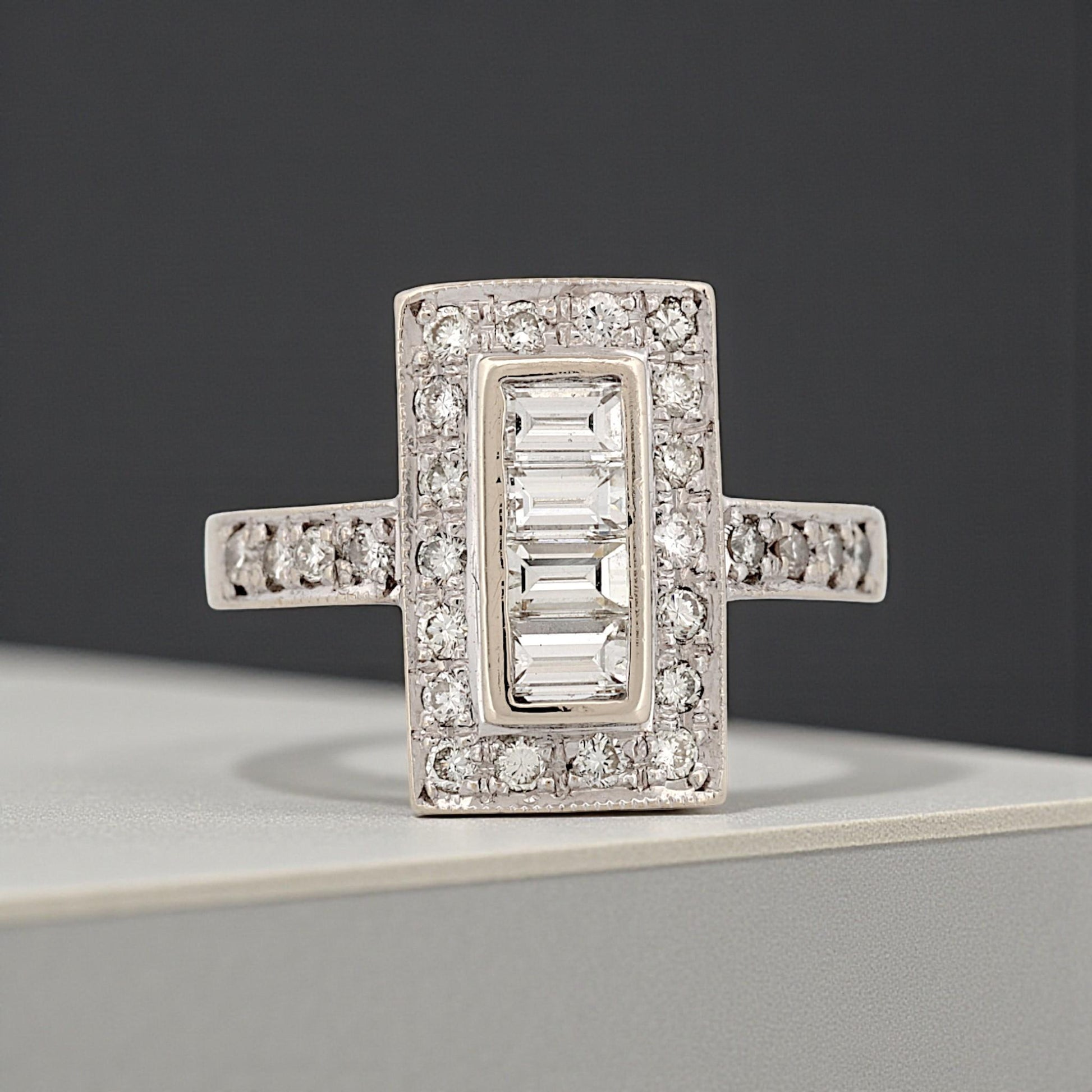 Art Deco 18K White Gold Diamond Ring 0.75ctw Baguette & Round Halo Size 7