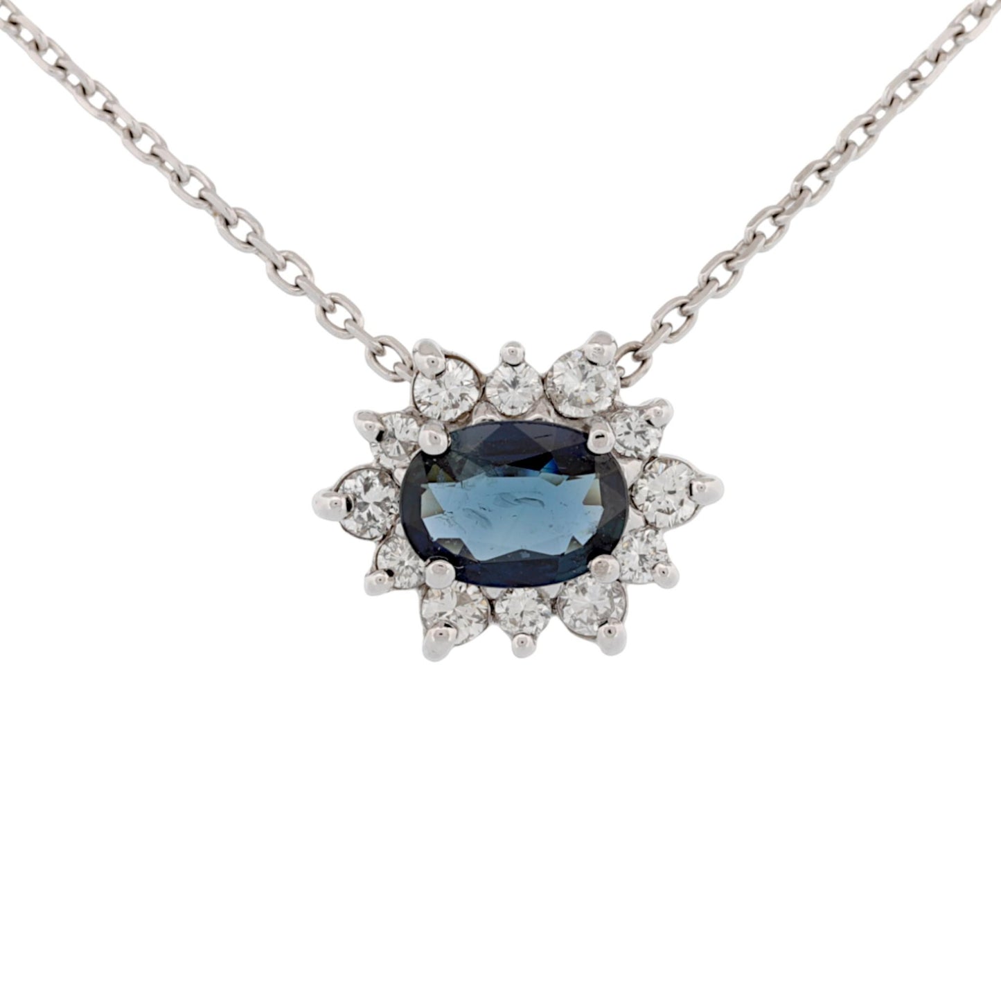 14K White Gold Blue Sapphire & Diamond Halo Slide Pendant Necklace 16″