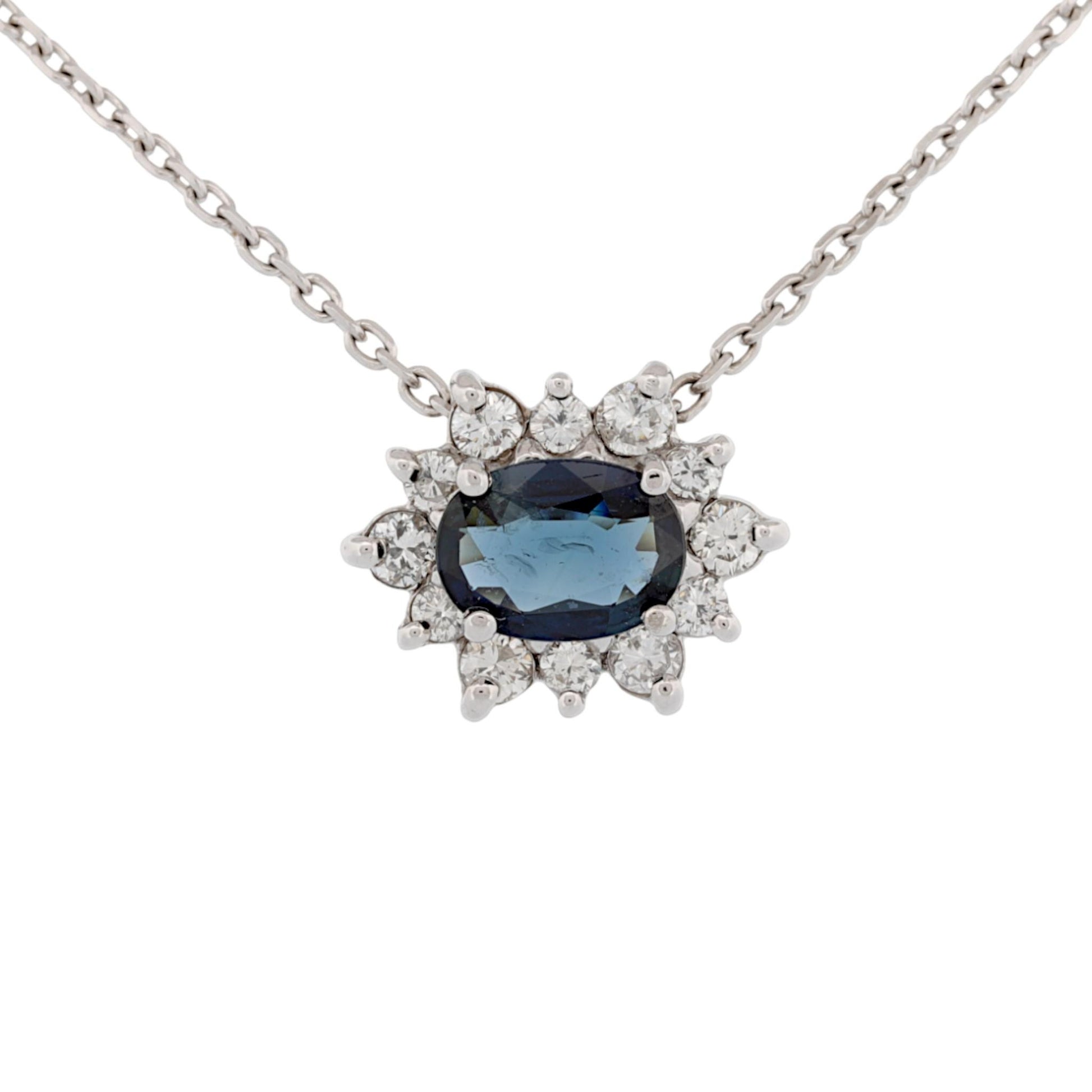 14K White Gold Blue Sapphire & Diamond Halo Slide Pendant Necklace 16″