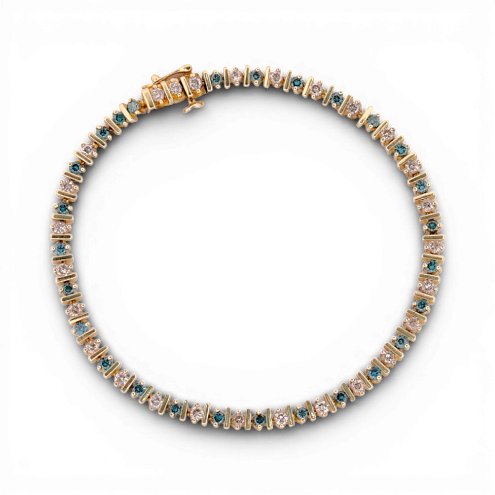 14K Yellow Gold Blue & White Diamond Tennis Bracelet 7.5″ Adjustable