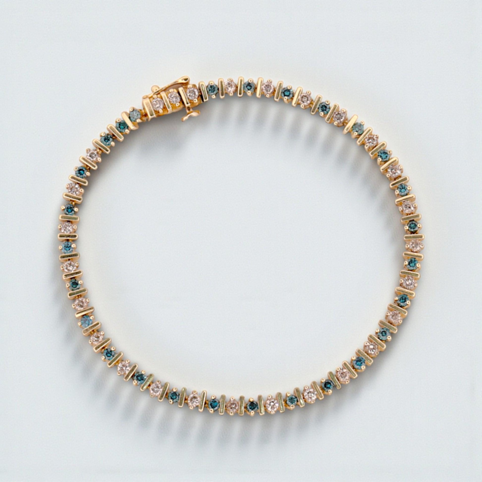 14K Yellow Gold Blue & White Diamond Tennis Bracelet 7.5″ Adjustable