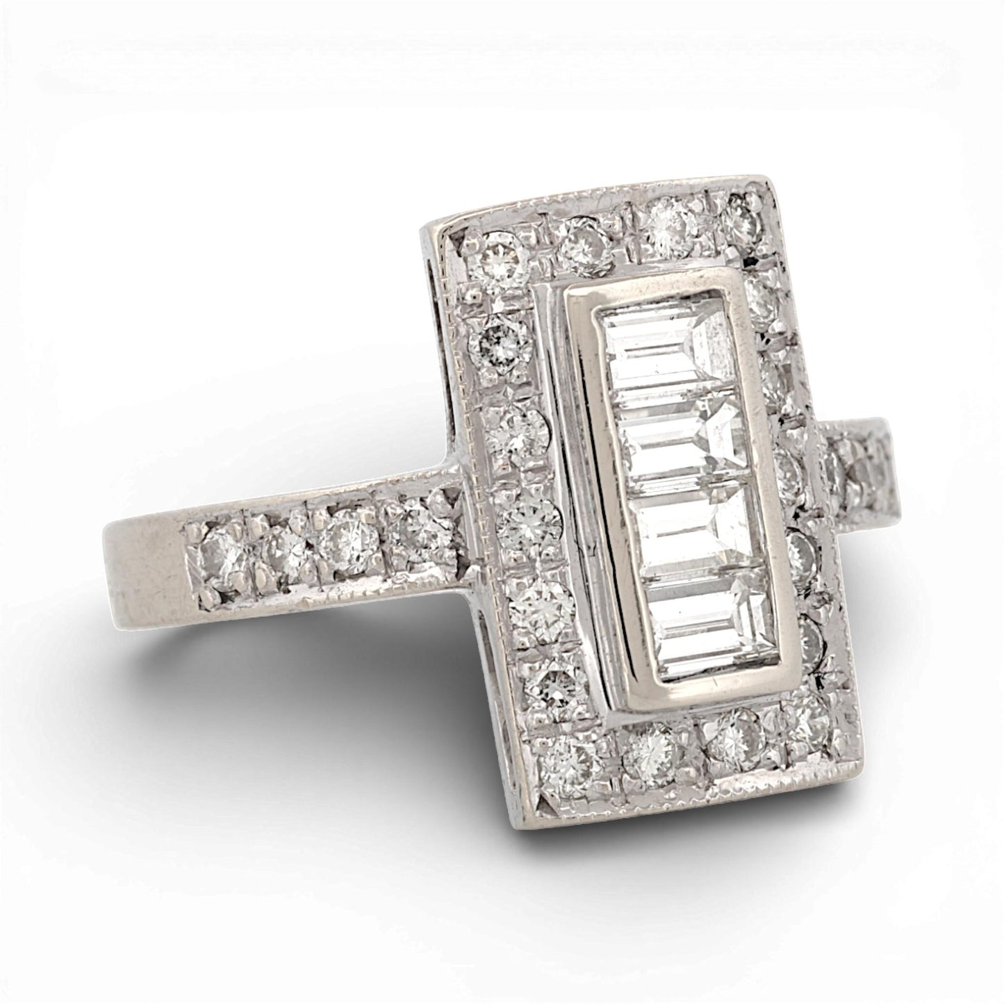 Art Deco 18K White Gold Diamond Ring 0.75ctw Baguette & Round Halo Size 7