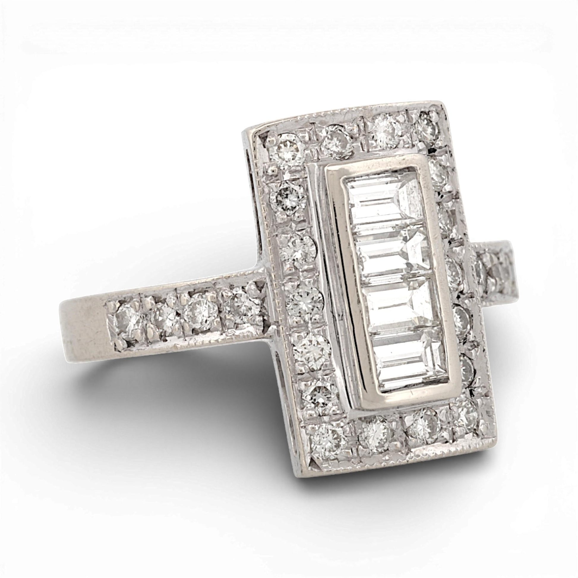 Art Deco 18K White Gold Diamond Ring 0.75ctw Baguette & Round Halo Size 7