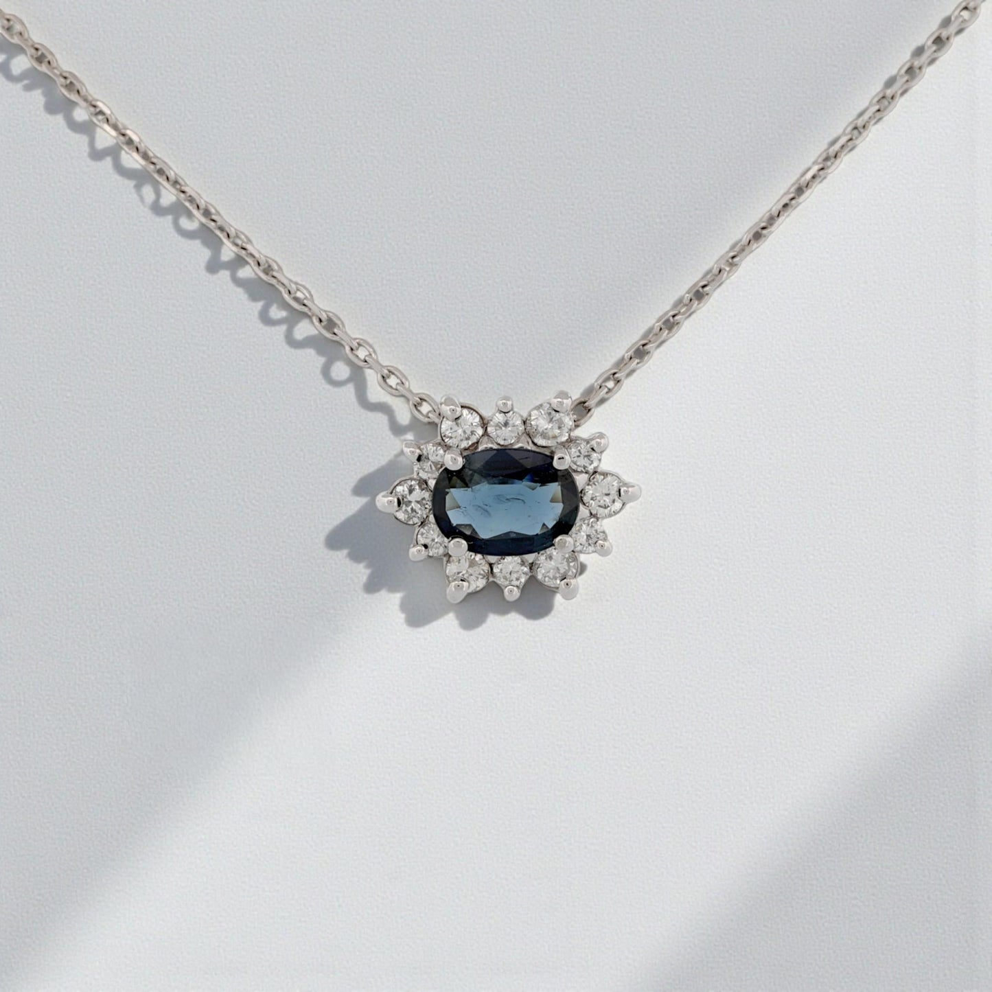 14K White Gold Blue Sapphire & Diamond Halo Slide Pendant Necklace 16″