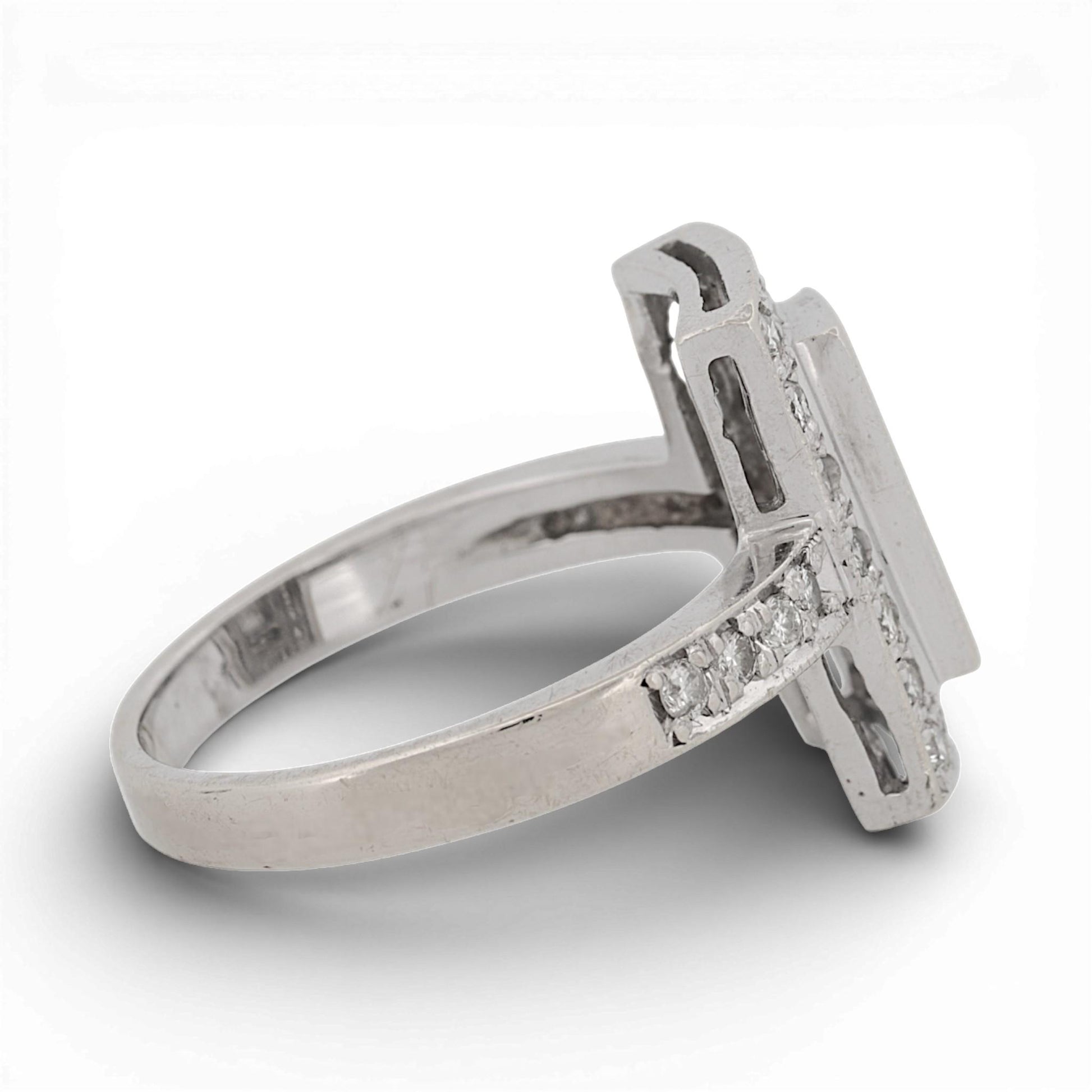 Art Deco 18K White Gold Diamond Ring 0.75ctw Baguette & Round Halo Size 7
