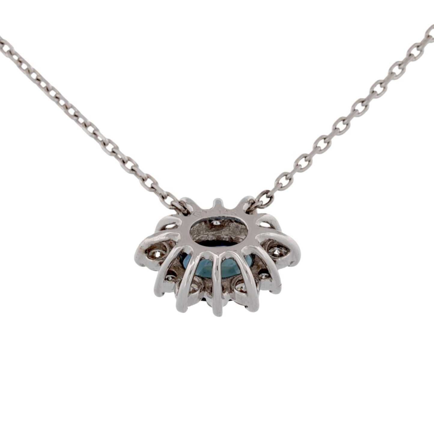 14K White Gold Blue Sapphire & Diamond Halo Slide Pendant Necklace 16″