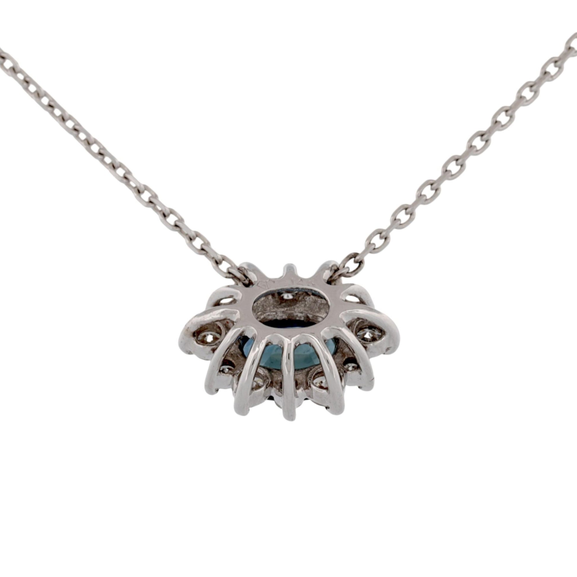 14K White Gold Blue Sapphire & Diamond Halo Slide Pendant Necklace 16″
