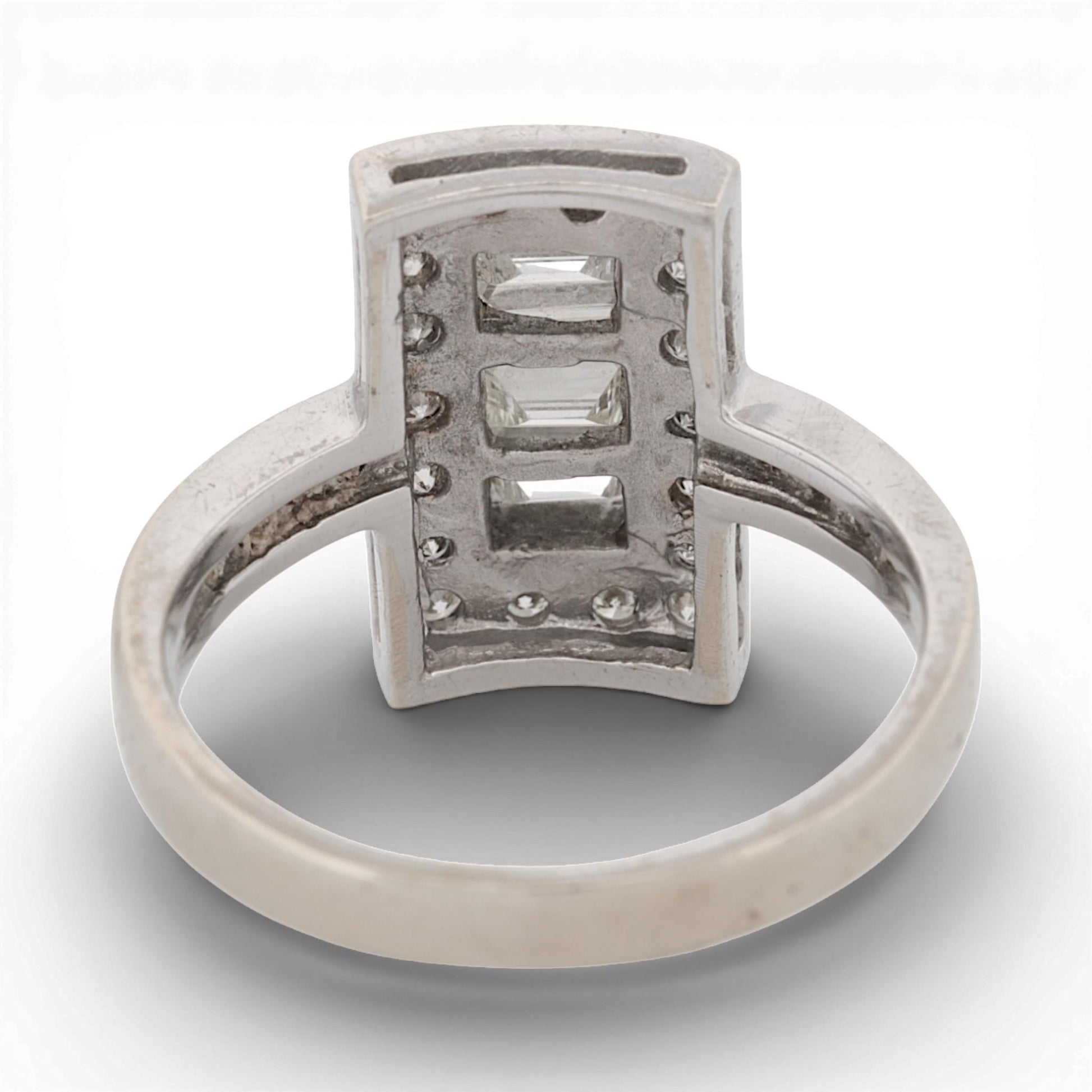 Art Deco 18K White Gold Diamond Ring 0.75ctw Baguette & Round Halo Size 7