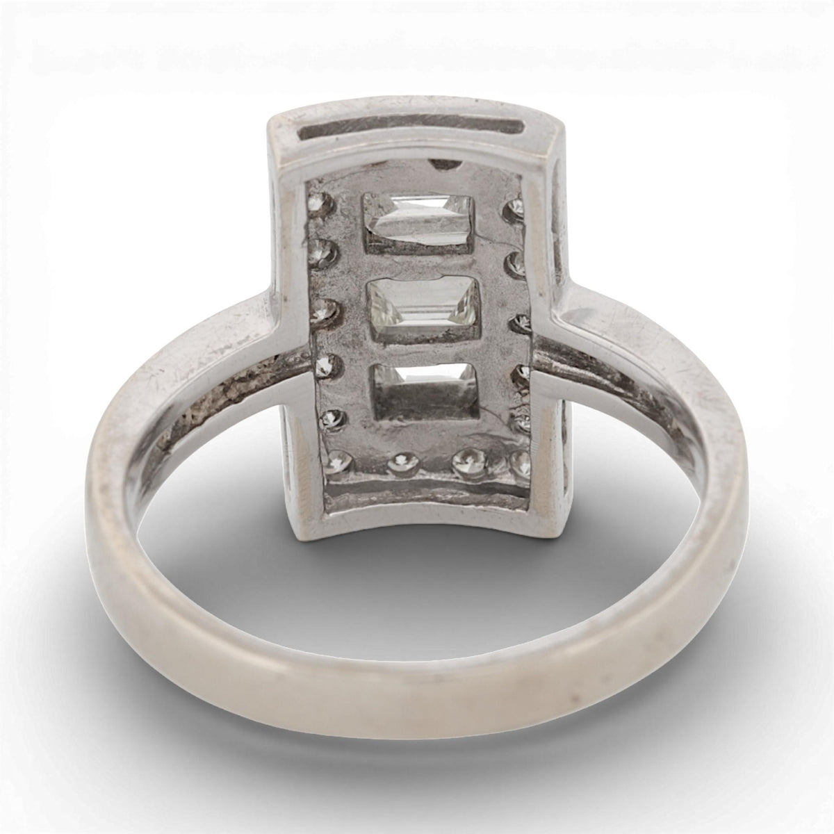 Art Deco 18K White Gold Diamond Ring 0.75ctw Baguette & Round Halo Size 7