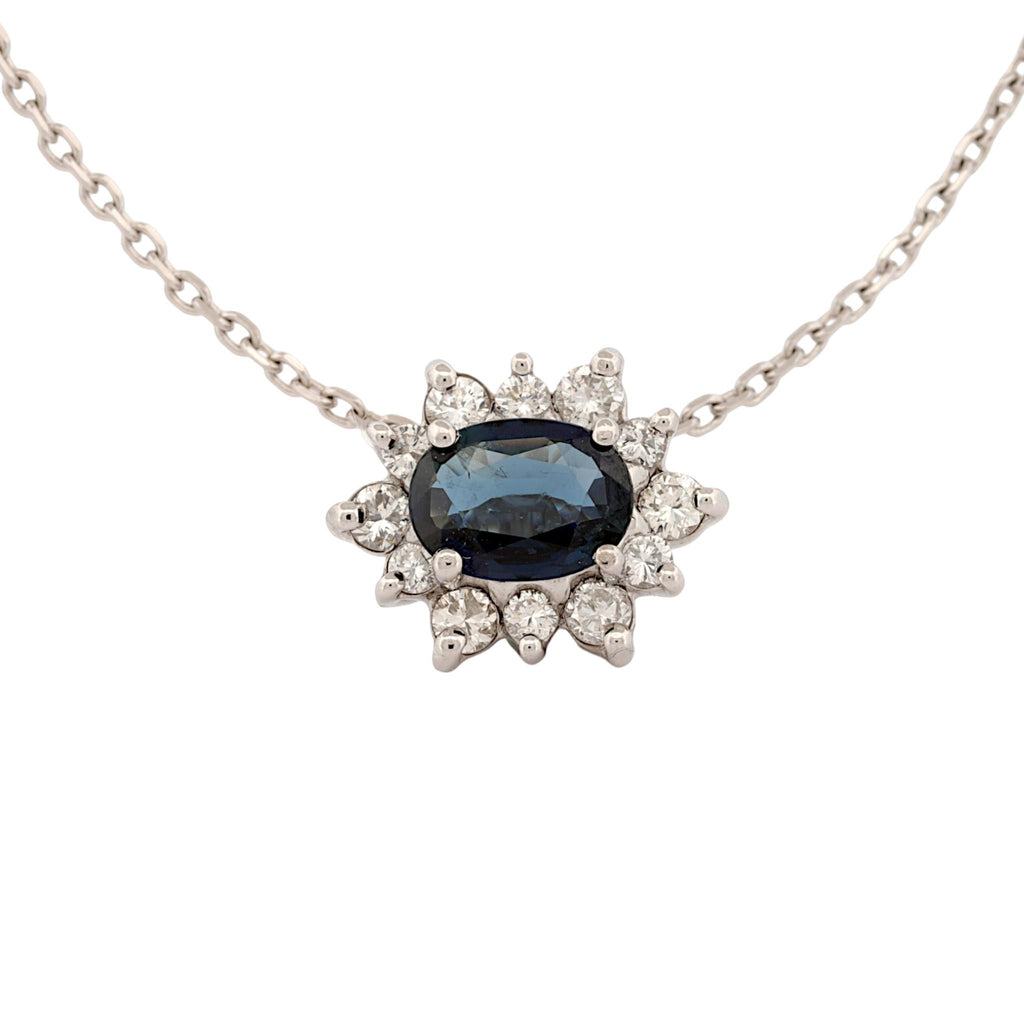 14K White Gold Blue Sapphire & Diamond Halo Slide Pendant Necklace 16″
