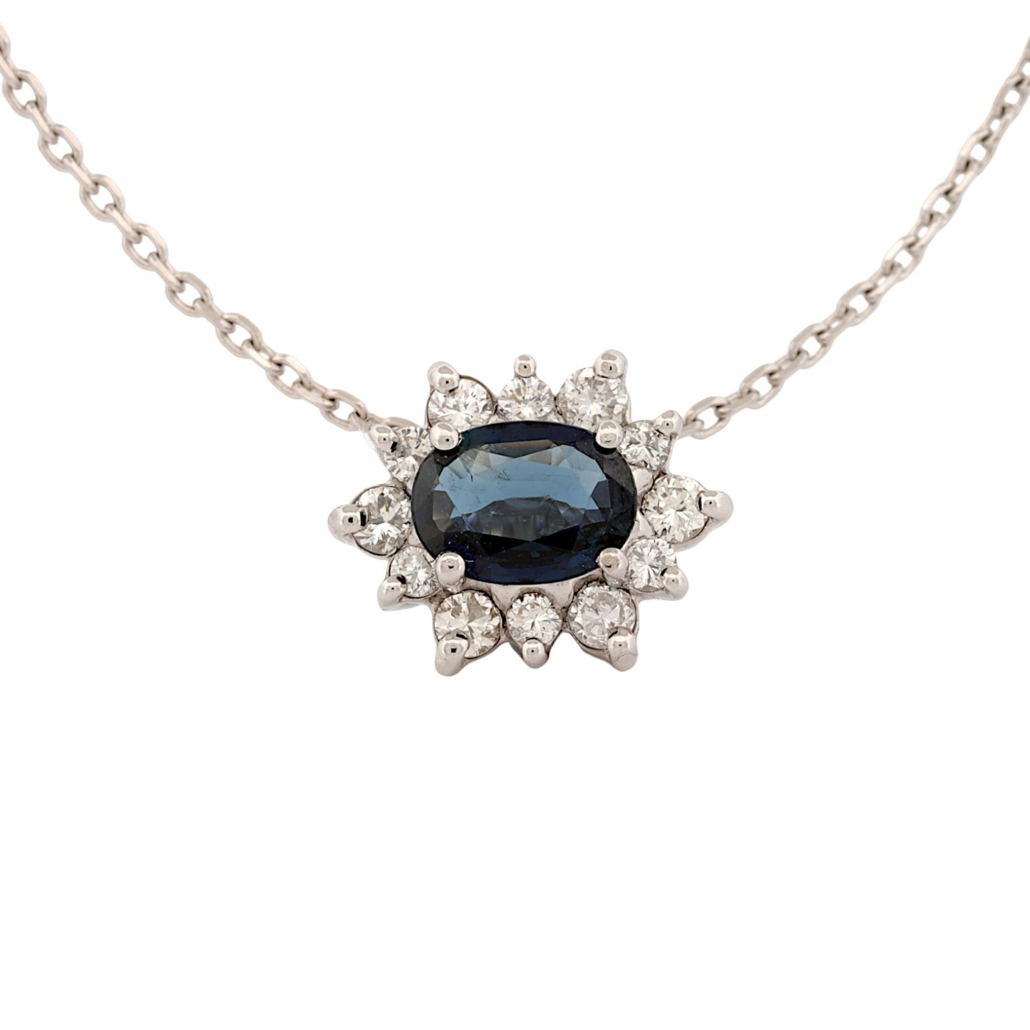 14K White Gold Blue Sapphire & Diamond Halo Slide Pendant Necklace 16″