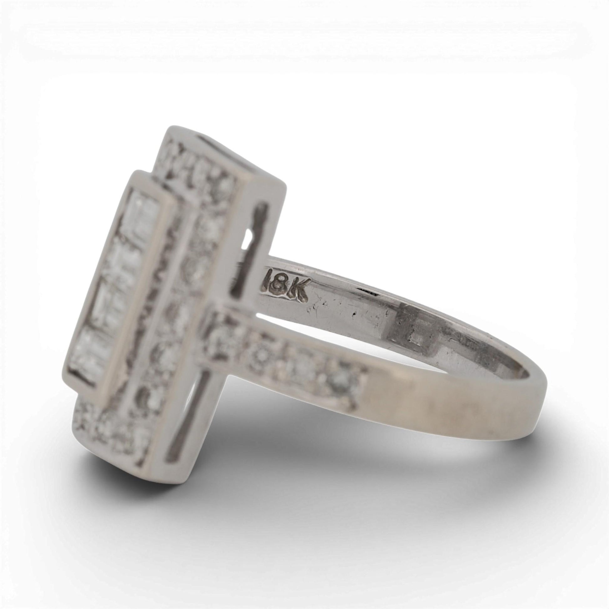 Art Deco 18K White Gold Diamond Ring 0.75ctw Baguette & Round Halo Size 7