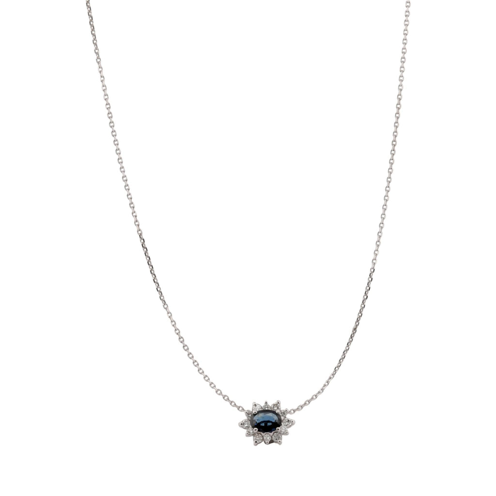 14K White Gold Blue Sapphire & Diamond Halo Slide Pendant Necklace 16″