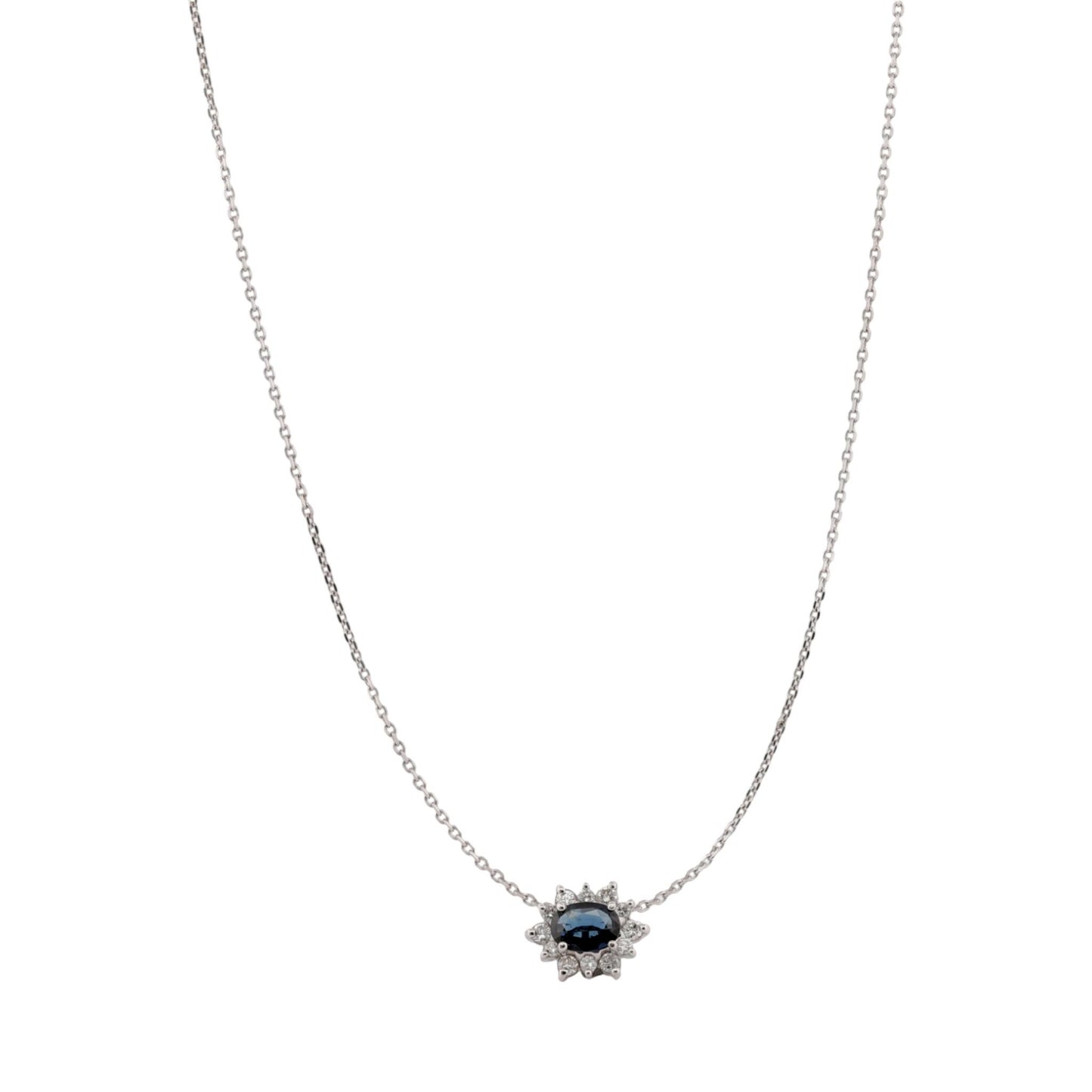 14K White Gold Blue Sapphire & Diamond Halo Slide Pendant Necklace 16″
