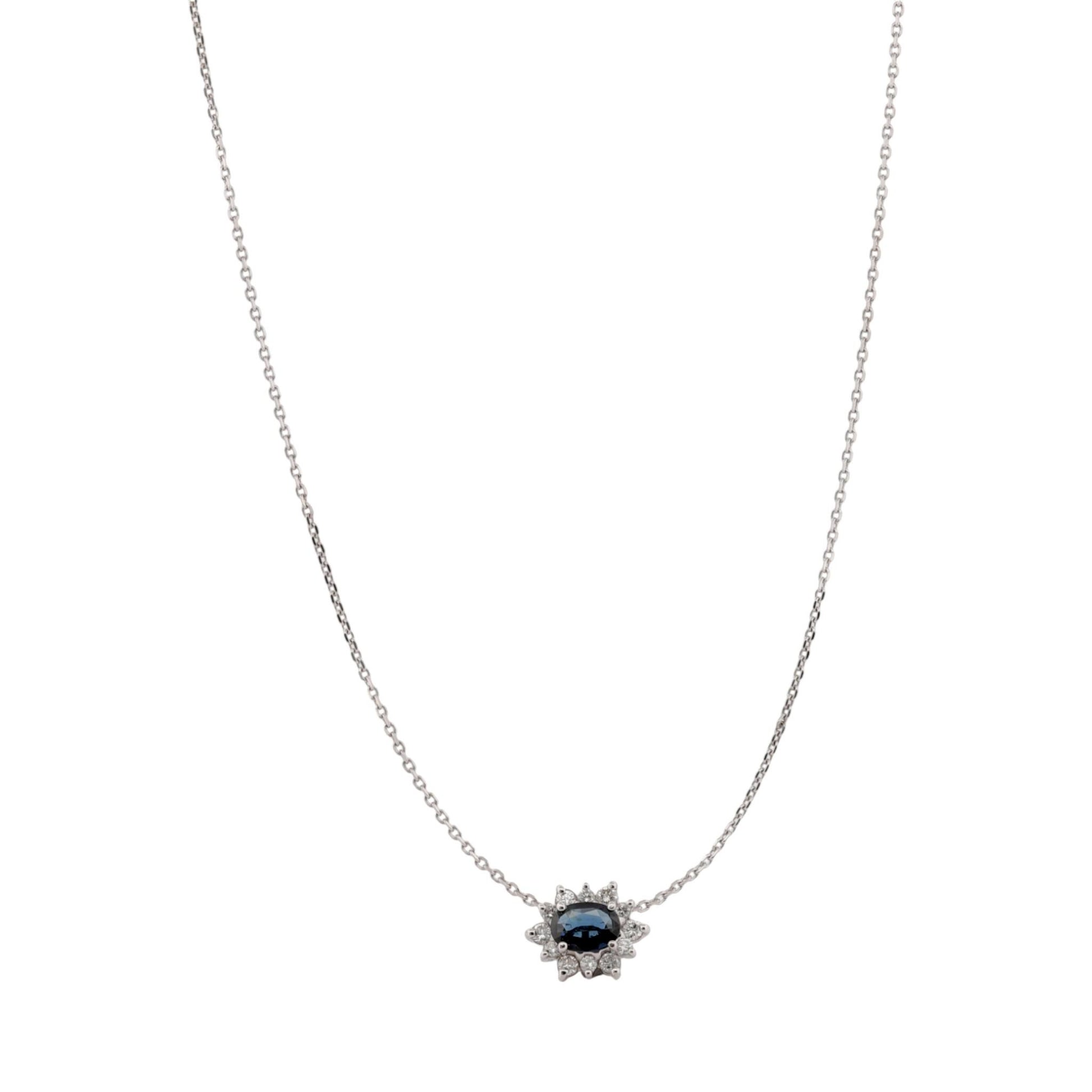 14K White Gold Blue Sapphire & Diamond Halo Slide Pendant Necklace 16″