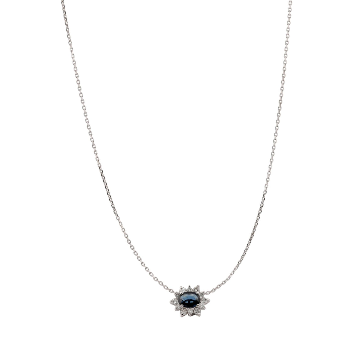 14K White Gold Blue Sapphire & Diamond Halo Slide Pendant Necklace 16″