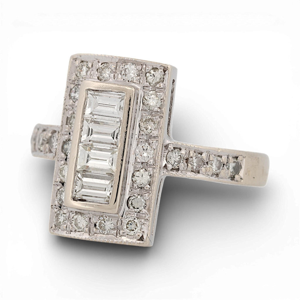 Art Deco 18K White Gold Diamond Ring 0.75ctw Baguette & Round Halo Size 7