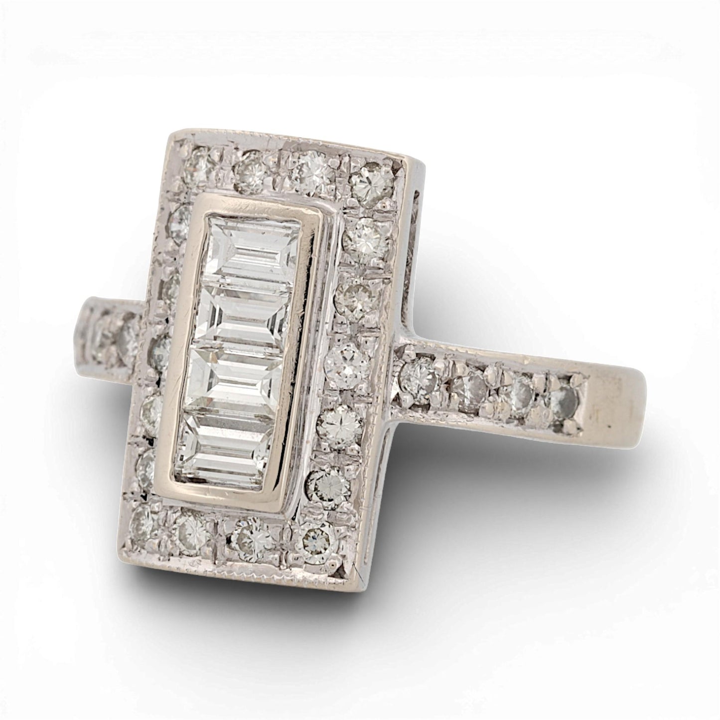 Art Deco 18K White Gold Diamond Ring 0.75ctw Baguette & Round Halo Size 7