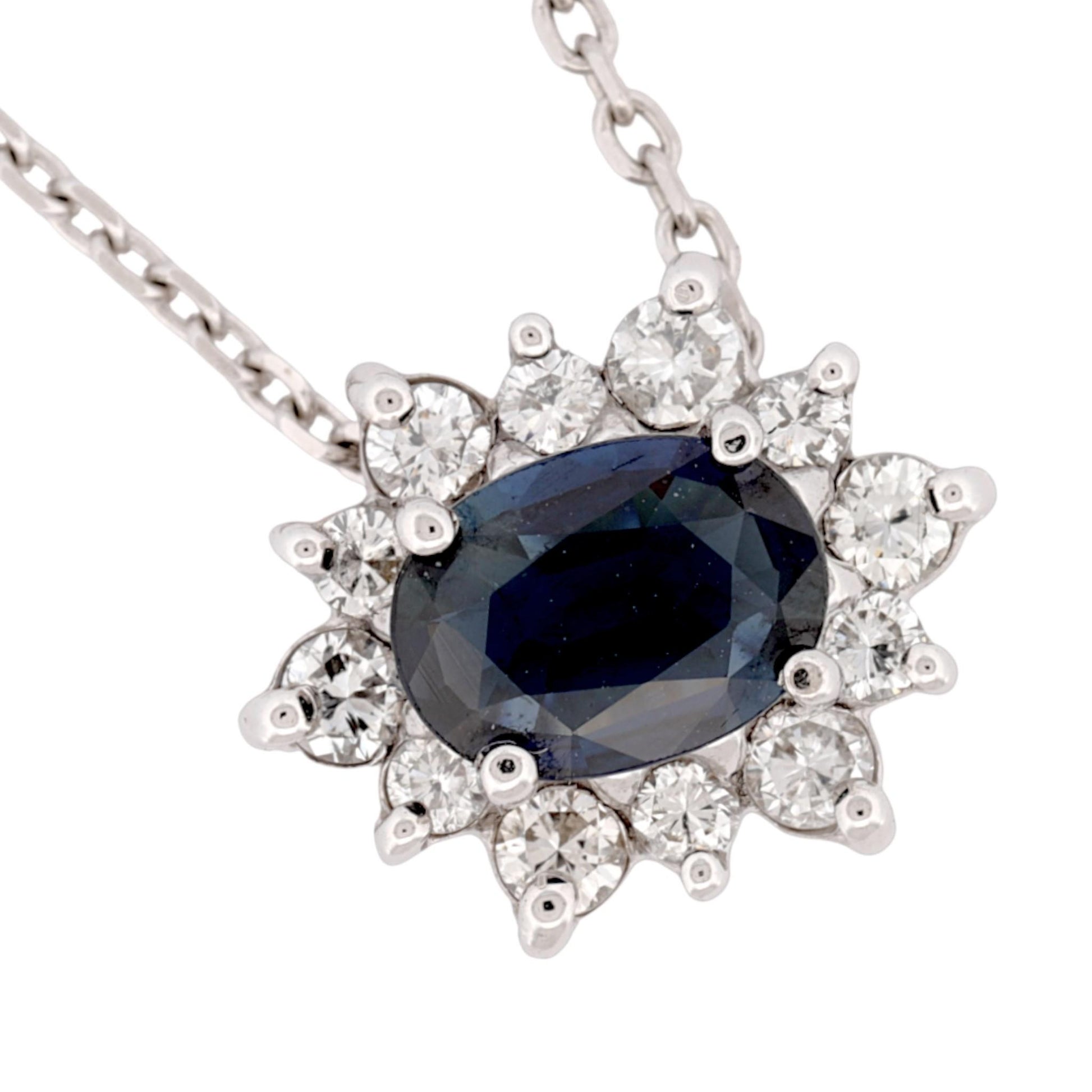 14K White Gold Blue Sapphire & Diamond Halo Slide Pendant Necklace 16″
