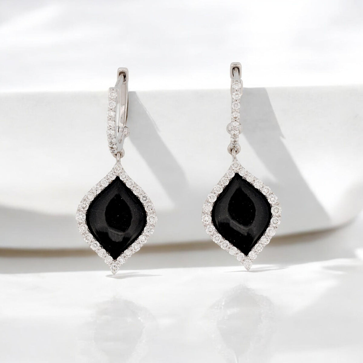 Robert Coin 18K White Gold Black Jade Diamond Drop Earrings Italy