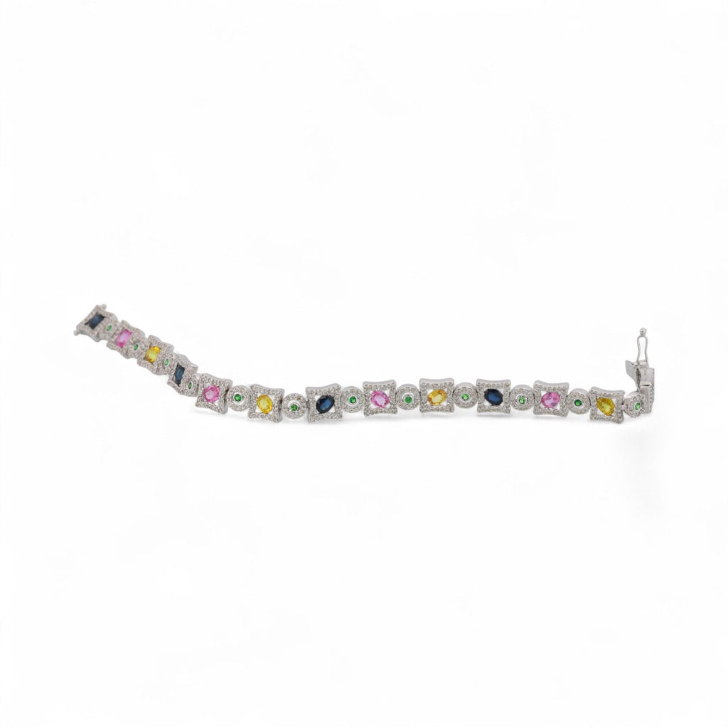 14K White Gold Multi-Color Sapphire & Diamond Bracelet 7 in