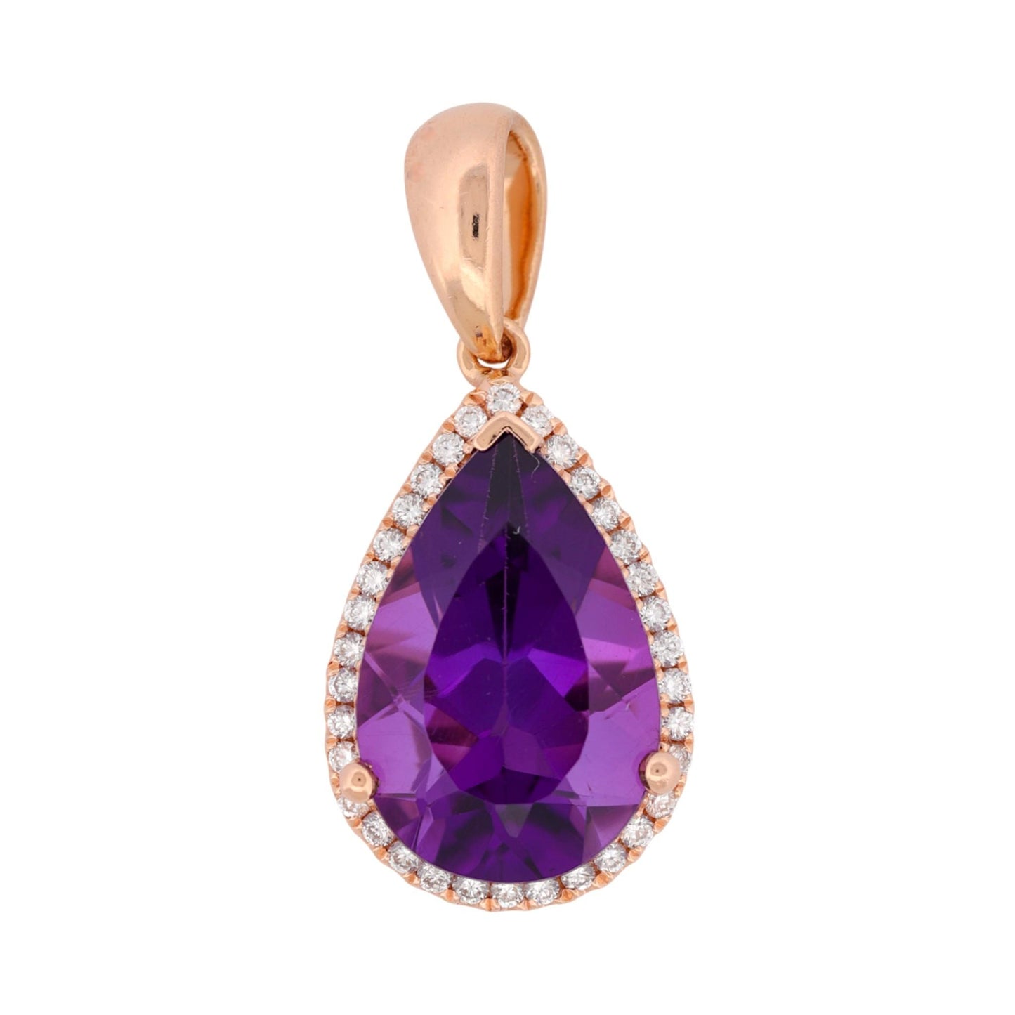 14K Rose Gold Amethyst Diamond Pear Pendant Signed B Halo Design