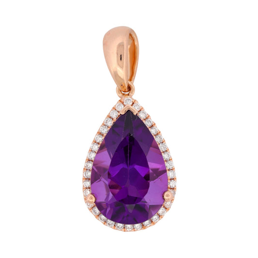 14K Rose Gold Amethyst Diamond Pear Pendant Signed B Halo Design