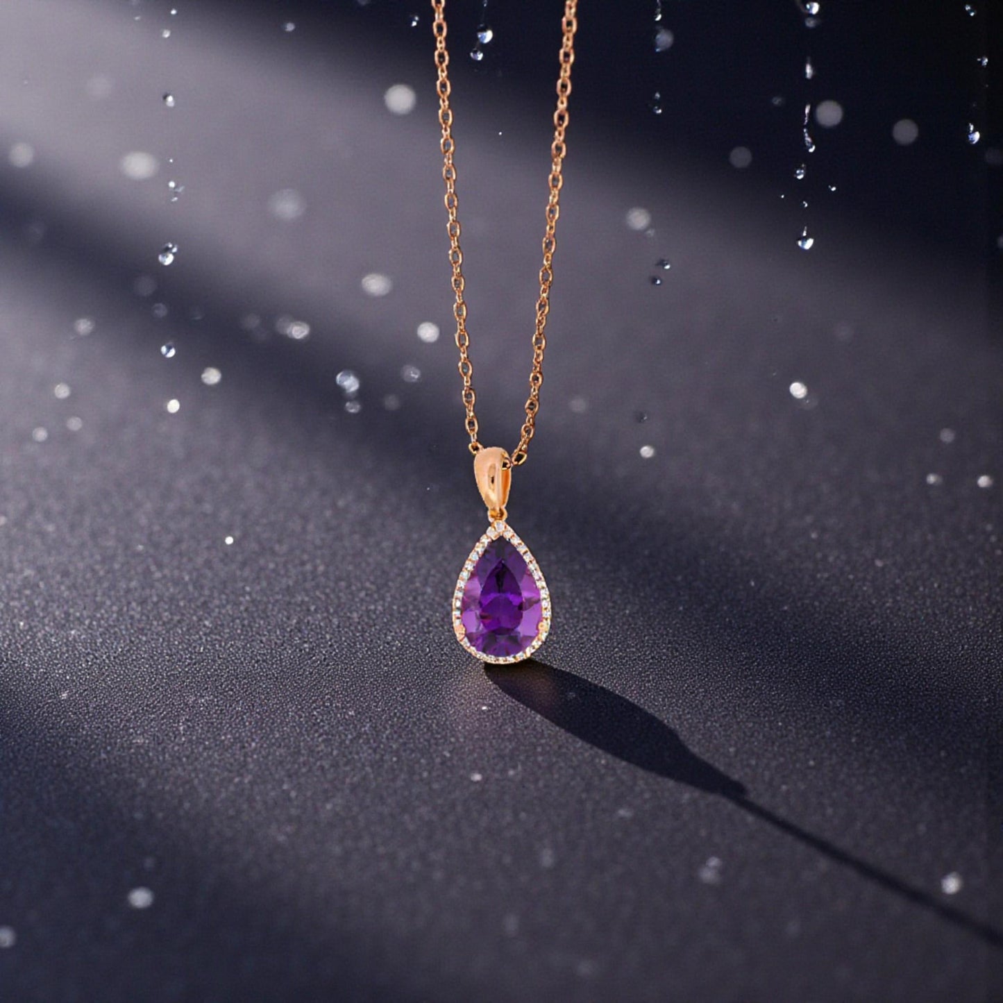 14K Rose Gold Amethyst Diamond Pear Pendant Signed B Halo Design