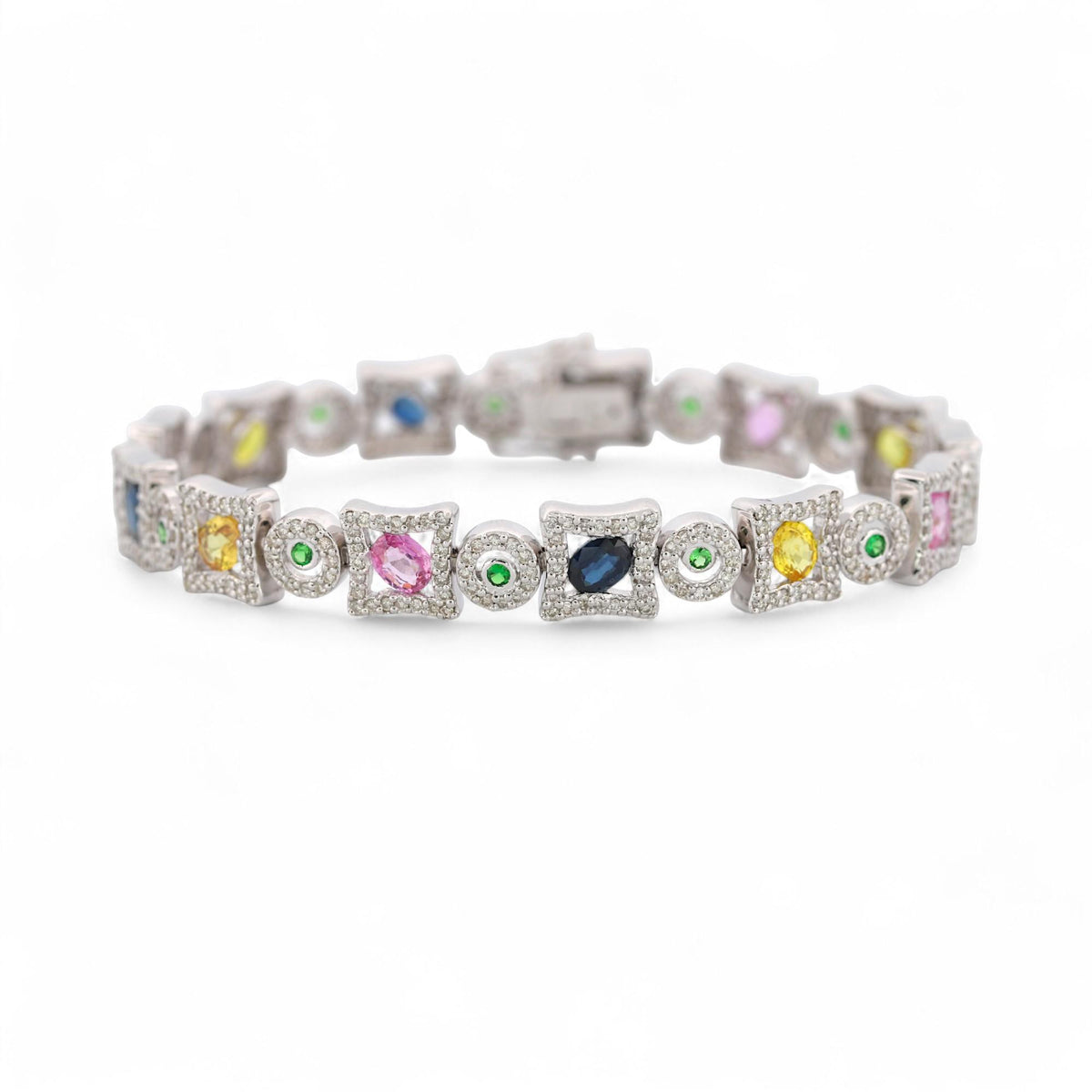 14K White Gold Multi-Color Sapphire & Diamond Bracelet 7 in