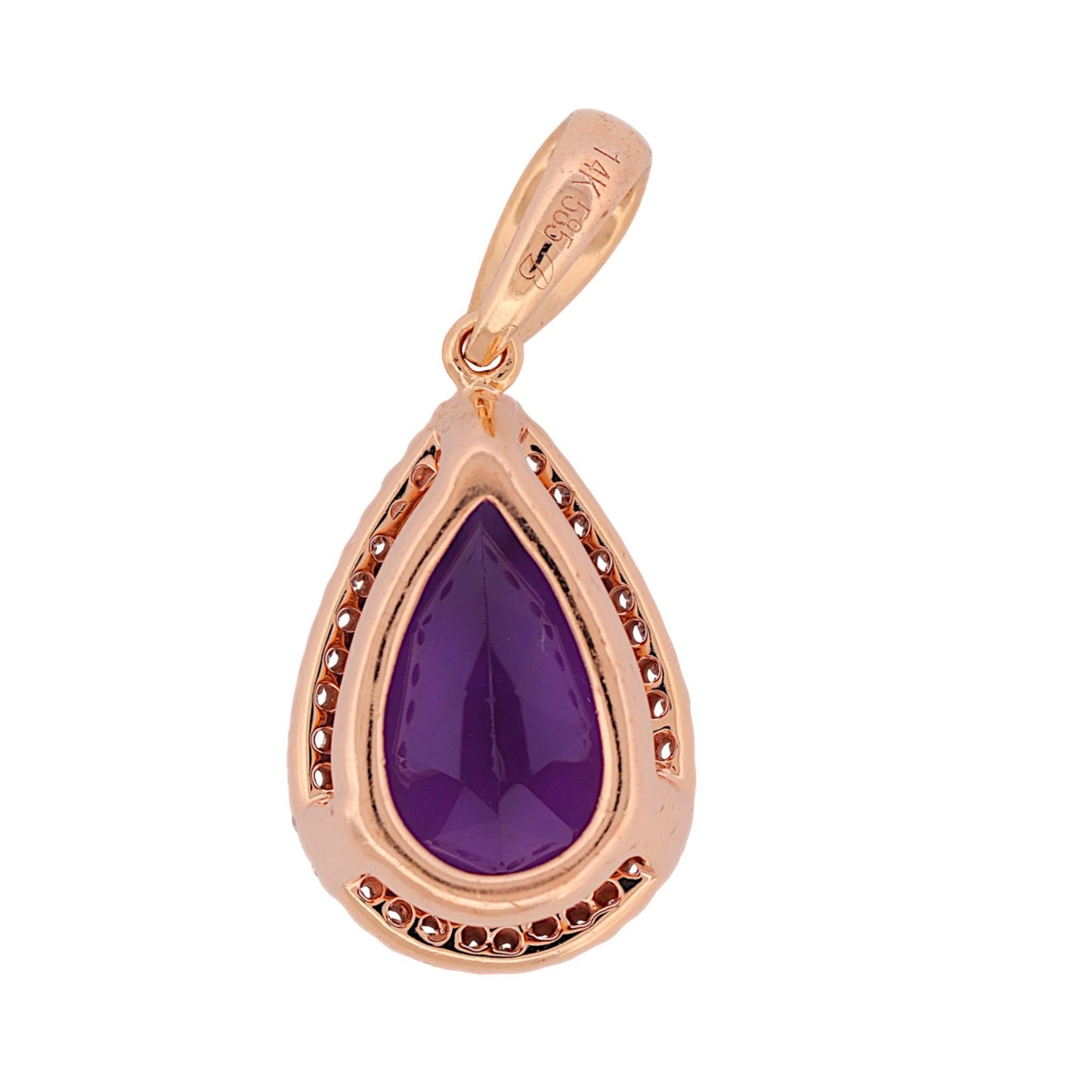 14K Rose Gold Amethyst Diamond Pear Pendant Signed B Halo Design