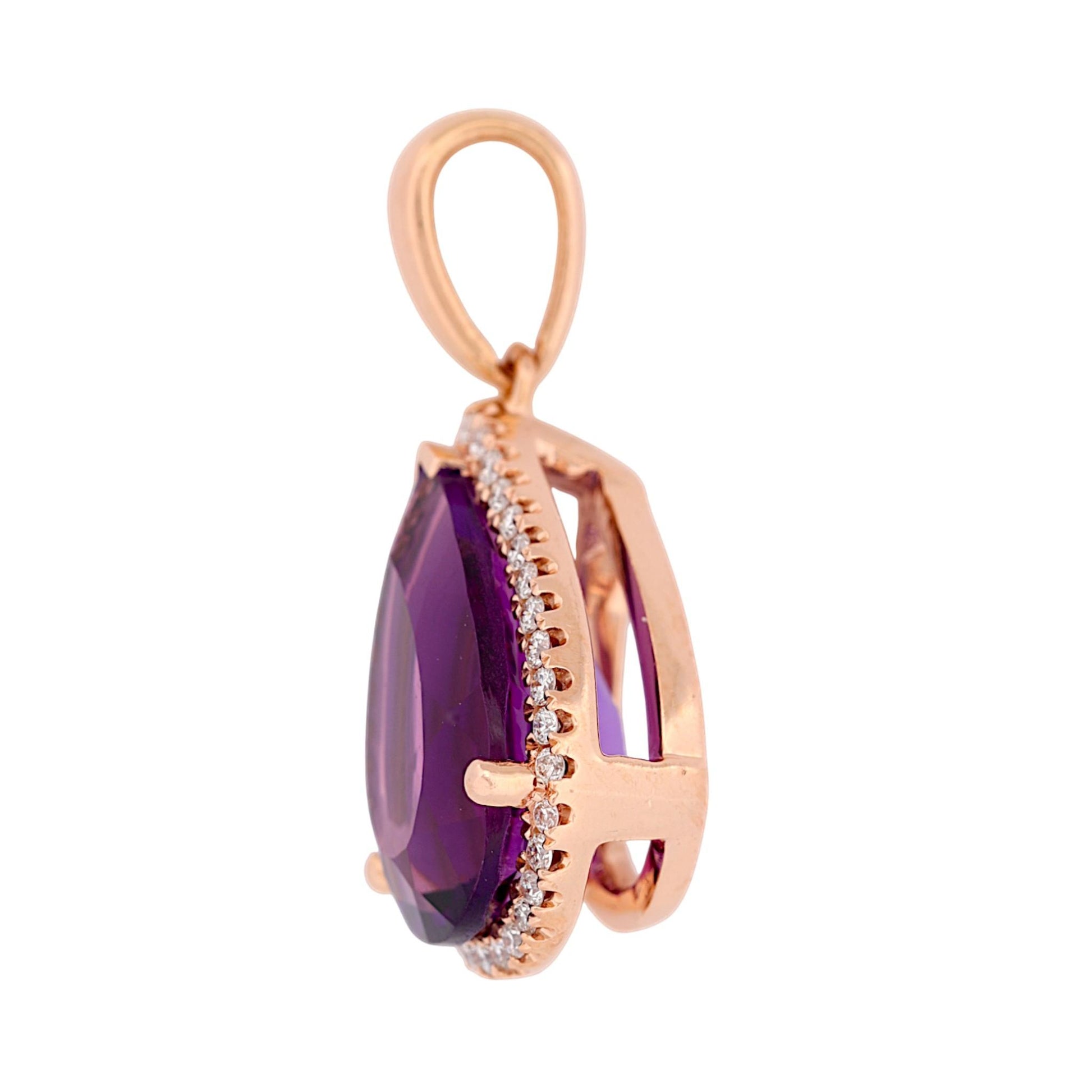 14K Rose Gold Amethyst Diamond Pear Pendant Signed B Halo Design
