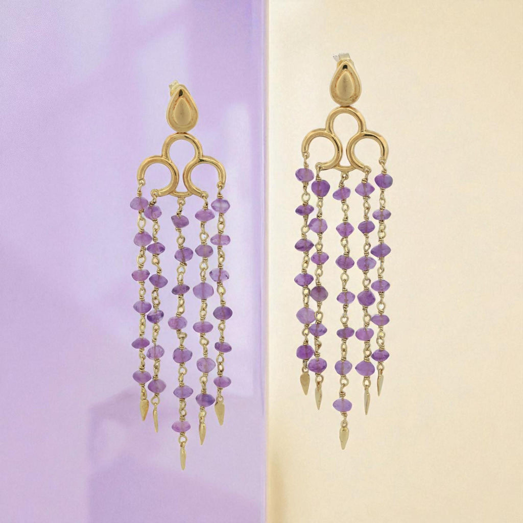 Vintage 18K Yellow Gold Amethyst Faceted Bead Chandelier Earrings