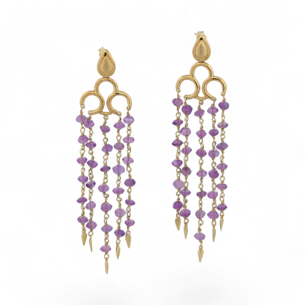 Vintage 18K Yellow Gold Amethyst Faceted Bead Chandelier Earrings