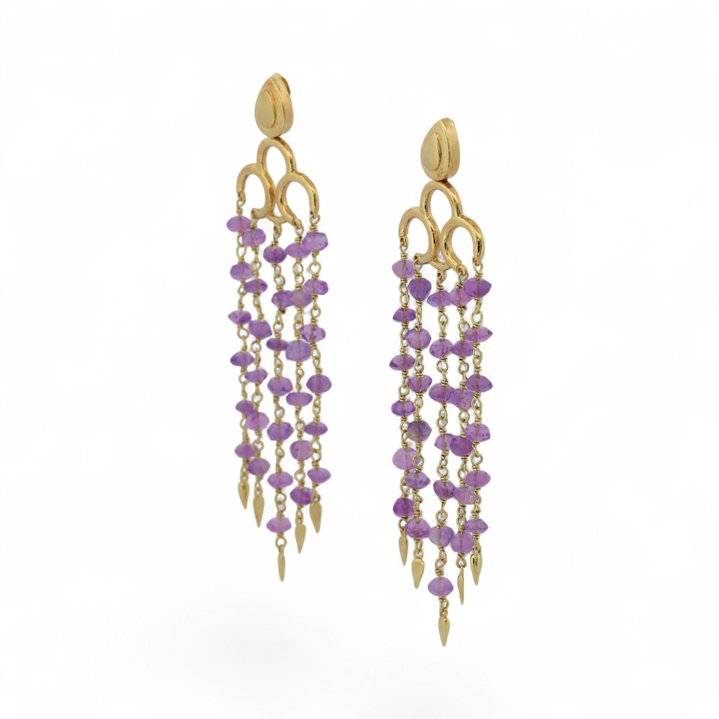 Vintage 18K Yellow Gold Amethyst Faceted Bead Chandelier Earrings