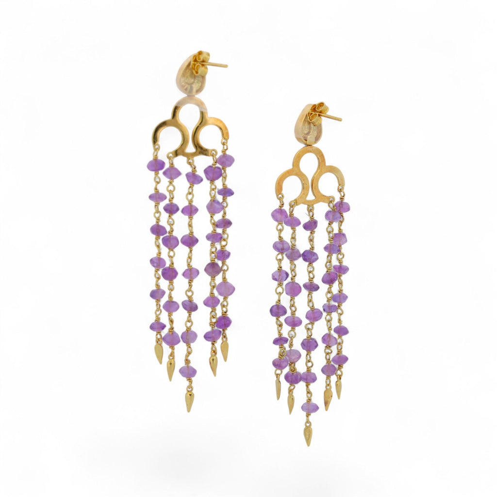 Vintage 18K Yellow Gold Amethyst Faceted Bead Chandelier Earrings